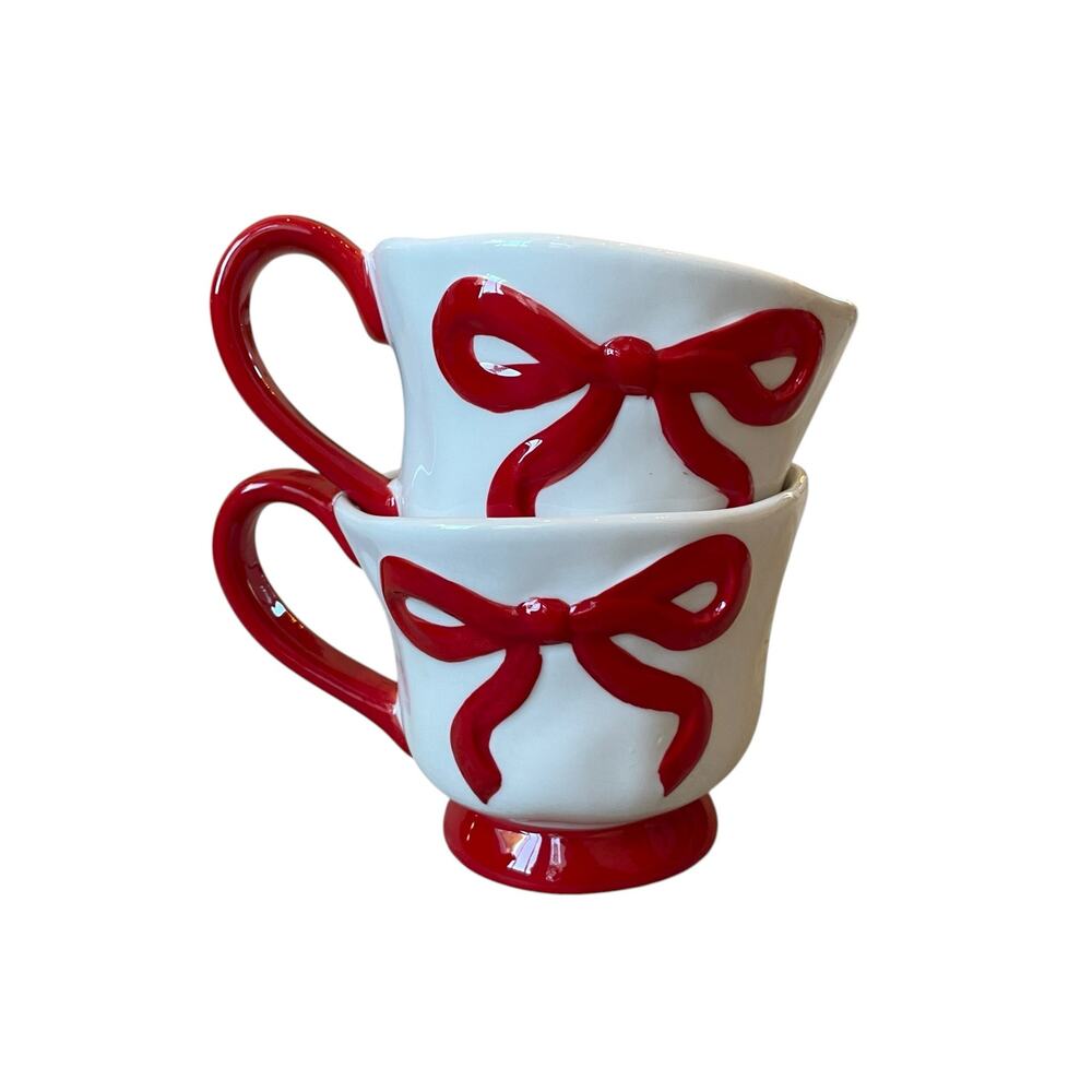 Hand Painted RED BOW Mug Set of 2 Christmas Holiday Glam New